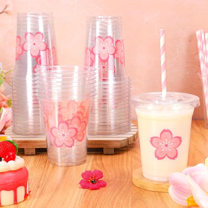 Whaline 50Pcs 12Oz Pink Cherry Blossom Disposable Plastic Cups with Lids and Straws Cute Sakura Cold Beverage Drinking Cups for Spring Wedding Birthday Party Supplies