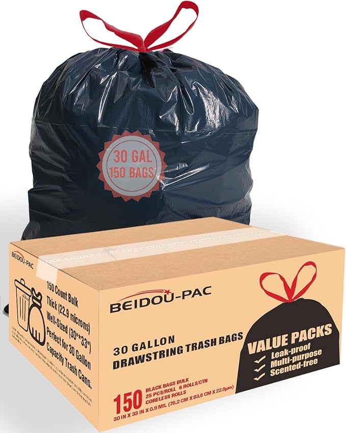 BEIDOU-PAC 30 Gallon Trash Bags Drawstring, 150 Count Bulk, Black | Unscented | Heavy Duty Multi-purpose Garbage Bags Can Liners for Business Home Kitchen Commercial and Industrial