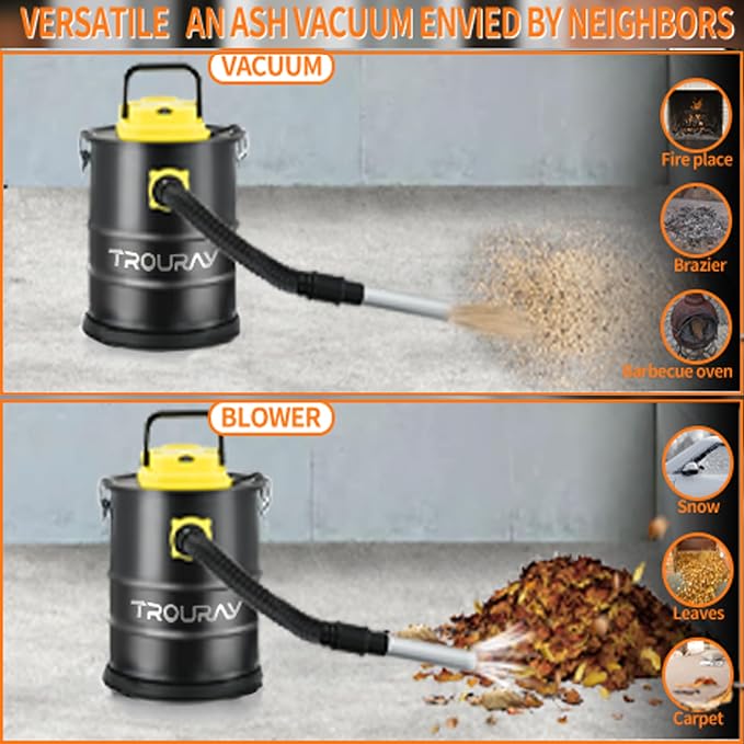 Fireplace Ash Vacuum Cleaner, 2.6 Gallon Heat Resistant Lightweight Canister Vacuum Cleaner with 800W Powerful Suction Blowout for Fireplaces, Pellet Roasters, Woodstoves Pellet Ash Vacuums