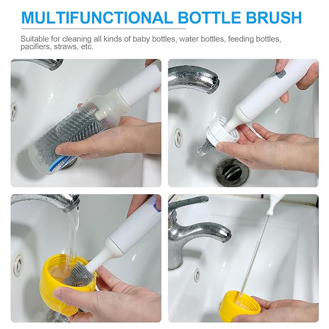 Electric Bottle Brush Cleaner Kit with Rechargeable Baby Bottle Brush Cleaner, Pacifiers Cleaner,Gap Cleaner, Long Straw Brush, Waterproof,Baby Newborn Essentials,Gift for Mothers,White