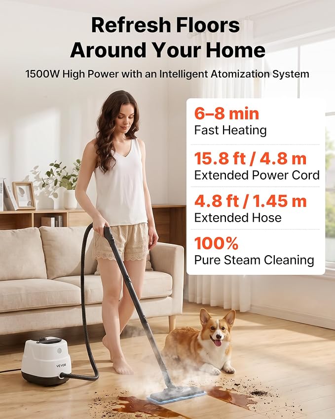 VEVOR Steam Cleaner, 34 oz Tank, Steamer for Cleaning with 20 Accessories, Extended Power Cord and Hose, Portable Handle, Fast Heating, Powerful Canister Steam Cleaner for Home, Car Detailing, Floors