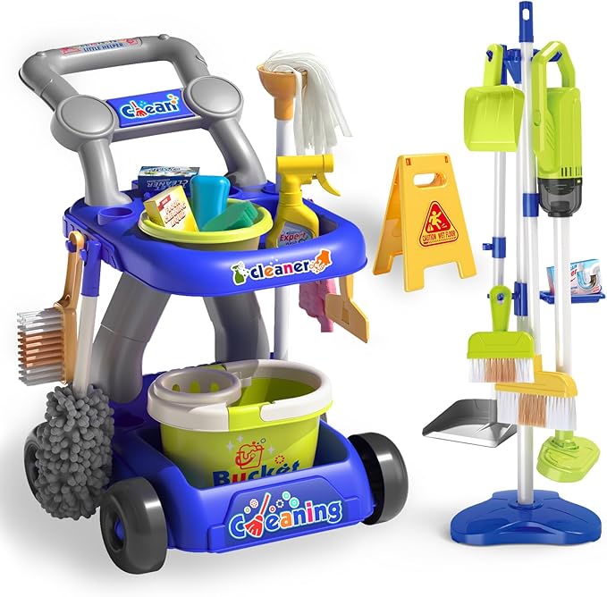 Kids Cleaning Toy Set, Educational Pretend Play Cart with 29 Pcs, Detachable Housekeeping Tools for Toddlers