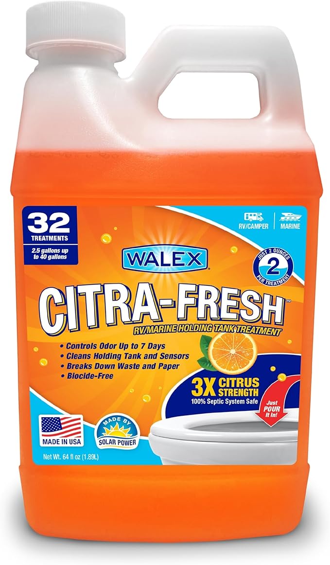 Walex Citra-Fresh Liquid Holding Tank Treatment for RV, Camper & Marine - Black Water Tank Deodorizer for Rapid Breakdown of Waste & Toilet Paper, Biocide-Free, Septic Tank Safe, 64oz