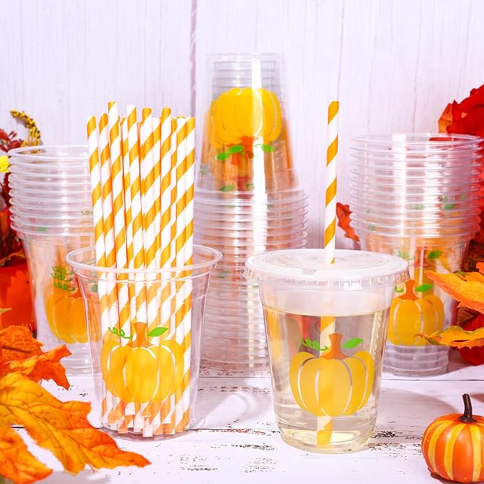 Whaline 50 Pcs Fall Disposable Plastic Cups with Lids and Straws Thanksgiving Party Cups 12oz Orange Pumpkin Cold Beverage Drinking Cup for Harvest Party Autumn Supplies