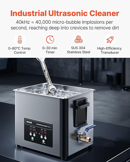 VEVOR 10L Ultrasonic Cleaner, Professional 180W Ultrasonic Cleaner Machine with Digital Display and Cleaning Basket, 40kHz Stainless Steel Cleaning Machine Ideal for Jewelry, Coins, Watches, Razors