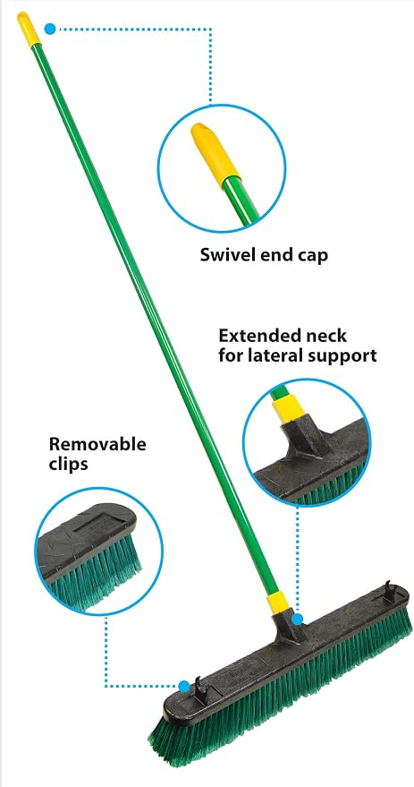 Quickie Bulldozer Multi-surface Push Broom 24 inch, Green, Indoor and Outdoor Cleaning, Steel Handle, Professional-Grade, Sweep Jobsites/Sidewalks/Warehouse/Concrete/Asphalt/Wood (538)