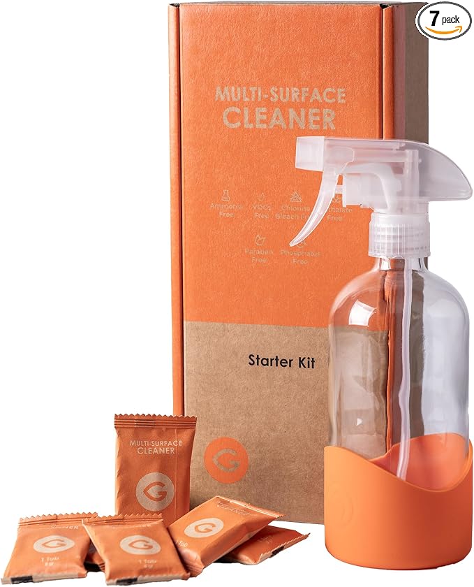 Eco Multi-Surface Cleaner Starter Kit – Refillable Glass Spray Bottle + 6 Eco Tablets – Plastic-Free, Plant-Based, Non-Toxic – Orange Scent – Zero Waste