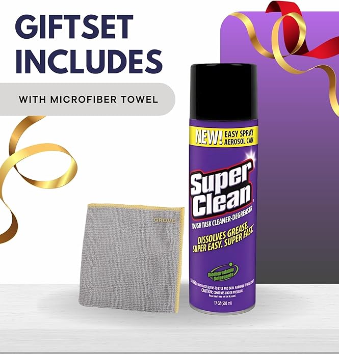 Super Clean Citrus Scent Cleaner and Degreaser Spray 17 oz Bundle with Microfiber Cloth - Heavy Duty Degreaser for Kitchen, Oil, Grime, and Dirt Removal - (3 Items)