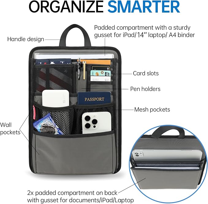 Slim Rugged Backpack Organizer Insert for Business Casual Men Women -13 Pockets,Padded Nylon,Max 14'' laptop - Grey