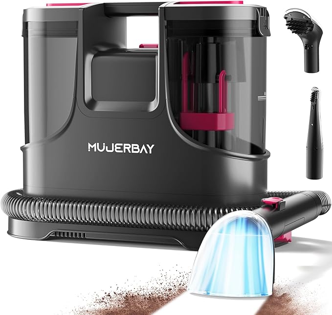 Carpet Cleaner Shampooer Machine, MUJERBAY Portable Spot & Stain Upholstery Cleaner Machine, Easy Move with Handle, 1.5-inch Deep Cleaning Machine for Couch, Stairs, Car and Pet Messes.