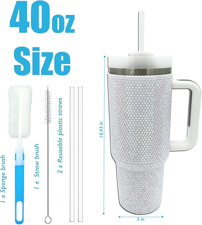 40oz Bling Tumbler with Handle and Straw Lid Rhinestone Studded Tumbler Cups Vacuum Insulated Stainless Steel Double Wall Water Bottle Travel Mug Gifts for Women Her (Pearl White)