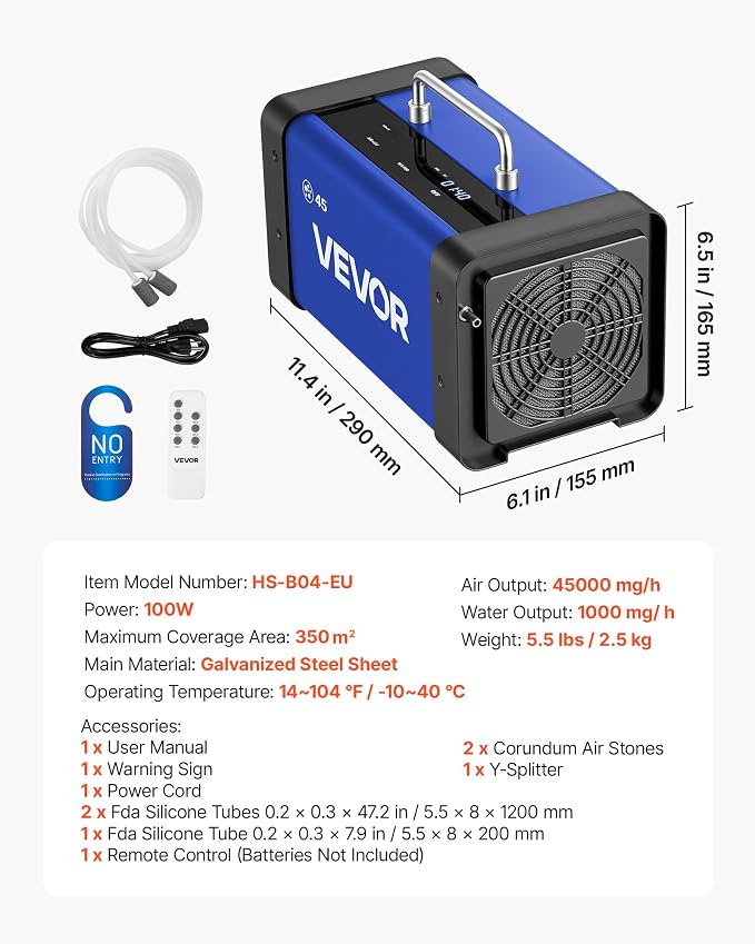 VEVOR Ozone Generator, 45000mg/h Commercial Ozone Machine, with 15s Delayed Start & Dual-Hose Water Mode & LCD Touchscreen, Industrial Deodorizer for Car, Smoke, Home Odors, Up to 3800 sq.ft