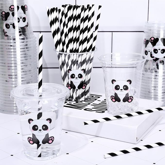 Whaline 50 Pcs Panda Disposable Plastic Cups with Lids and Straws Cute Animal Cold Beverage Drinking Cups for Baby Shower Birthday Party Supplies