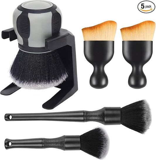 Supkiir 5 Pcs Car Detailing Brushes, Ultra Soft Bristles Dusting Brush with Storage Rack, Curveball XL Synthetic Brush Automotive Interior Dusting Brushes, Covers Large Area Inside or Outside Vehicles