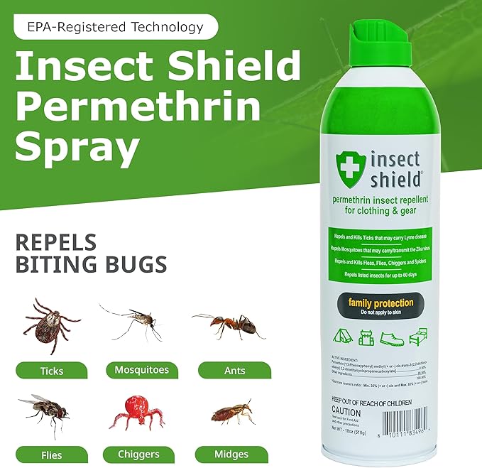 Insect Shield Premium Permethrin Spray - Tick, Flea, Fly, Mosquito, Chigger, Spider & Bed Bug Repellent for Clothing, Gear, Furniture, & Tents, Lasts up to 60 Days, Clear, 18 Oz Aerosol