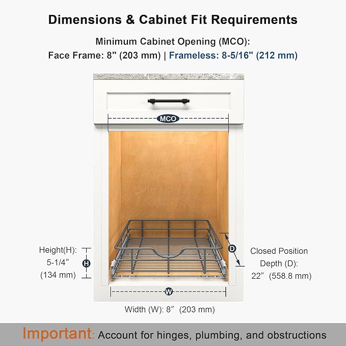 Pull Out Shelves - 8" W x 22" D Soft Close Pull Out Cabinet Organizer 1 Tier - Sliding Shelves with Shelf Liner - Heavy Duty Steel Wire Drawers for Kitchen Cabinets, Pantry, Bathroom