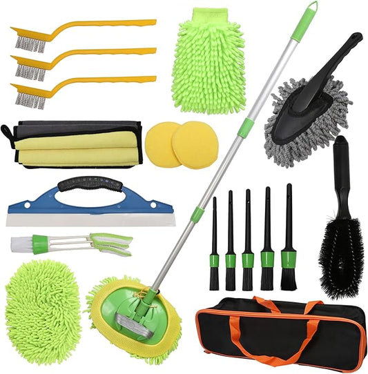 Car Wash Brush Kit - 20-in-1 Car Cleaning Tools with Long Handle, Replacement Brush Heads, Storage Bag for Truck, RV, SUV & Car Detailing