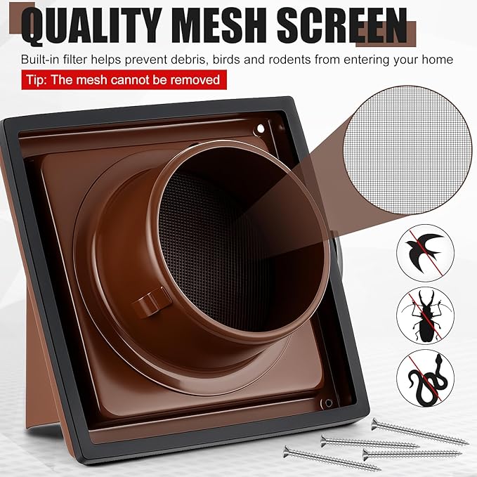 Gisafai 4" Dryer Vent Cover Outside with Stainless Steel Screen Wall Dryer Exhaust Cap and Removable Extended Pipe Vent Shroud Hood Cushioned Non Return Flap with Sealing Gasket Grille (Brown)