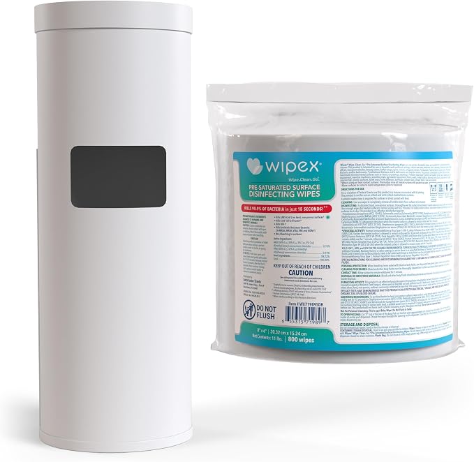 Wipex Gym Wipes Bundle: (1) Premium White Wipe Dispenser with Trash Bin - Stainless Steel and (1) 800ct Disinfecting Gym Wipes Refill Roll - Suitable Use for School, Office, Gym, and Public Venues