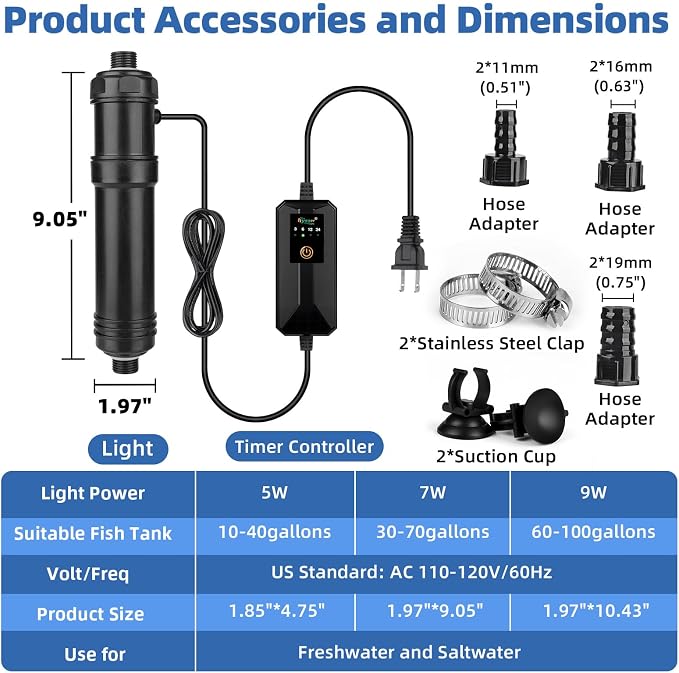 hygger 7W Aquarium U-V Light with Timer, 360° Protective Shield Clean Light for Crystal Clear Green Water, Submersible Fish Tank Cleaner for 30–70 Gallon Freshwater & Saltwater Aquariums
