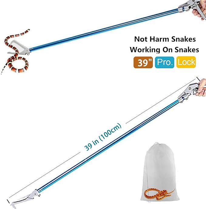 Snake Tong Catcher–Professional Reptile Rescue Grabber Aluminum Alloy with Wide Jaw Locking Mechanism and Comfort Grip for Safe Rattlesnake Control and Removal Tool (39inch Snake Tong)