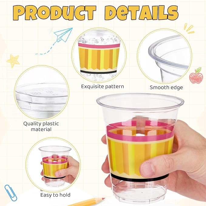 Funnymoom 60 Pcs Back to School Plastic Cups 12oz Composition Notebook Yellow Pencil Disposable Drinking Cups for First Day of School Graduation Teacher Appreciation Party Decoration Supplies