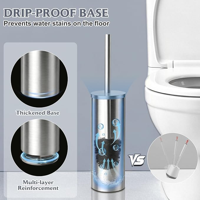 Toilet Brush and Holder Set,Stainless Steel Toilet Bowl Brush and Holder for Bathroom,Hidden Toilet Bowl Brush with 2 Heads,Heavy Duty Cleaner Brush with Removable Inner Bowl and Splash Protection
