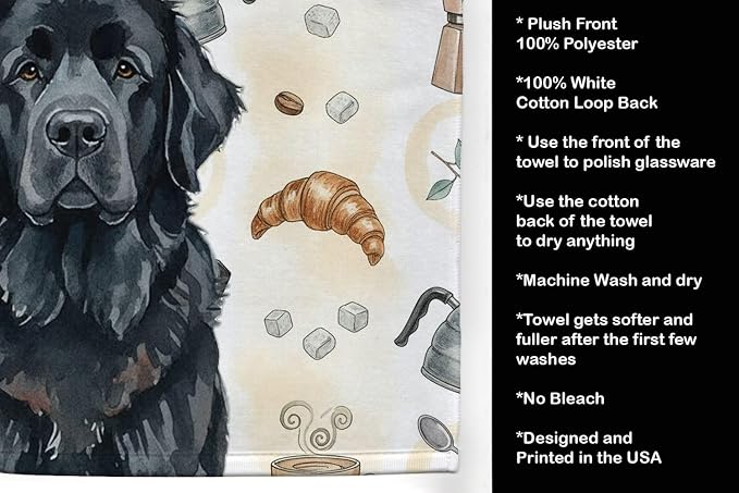 Caroline's Treasures Black Newfoundland Coffee Bar Kitchen Towel Velour Plush Front and Cotton Loop Back Machine Washable