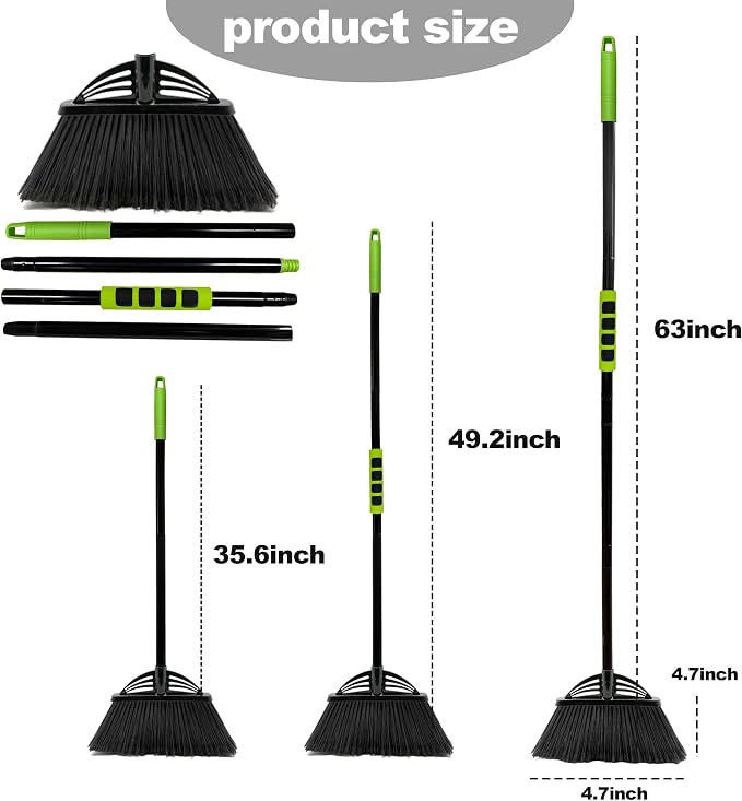 Four-Section Rod Long-Handled Broom,Heavy-Duty Broom, Angle Broom for Outdoor/Indoor（Black+Green4）