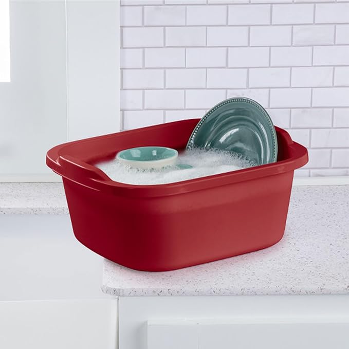 Sterilite Convenient Extra Large Heavy Duty Multi-Functional Home 12 Quart Standard Sink Dish Washing Plastic Storage Pan, Red (16 Pack)