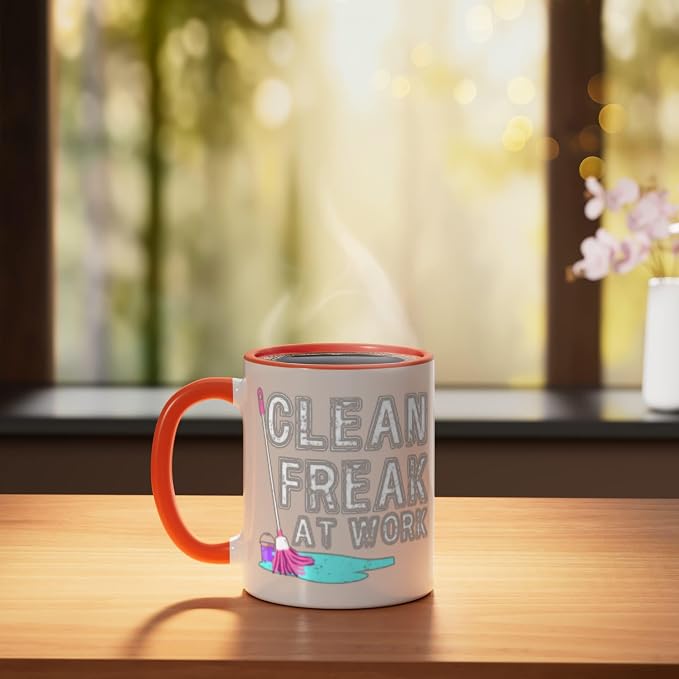 Clean Freak at Work Cleaning Ceramic Mug, Orange/White