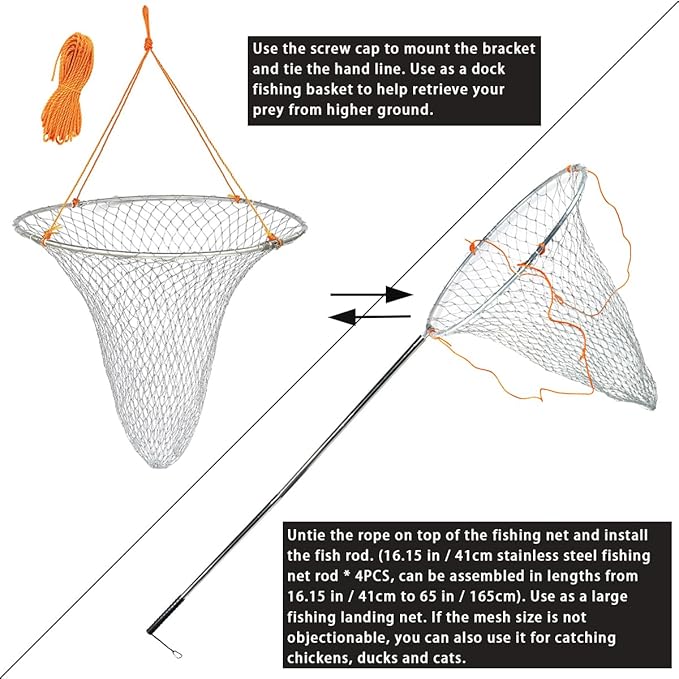 Drasry Large Collapsible Bridge Pier Fishing Net Landing Net with Rod, High Load Aluminum Ring Drop Net for Saltwater and Freshwater Pier Fishing Basket with 49.2 ft. Rope
