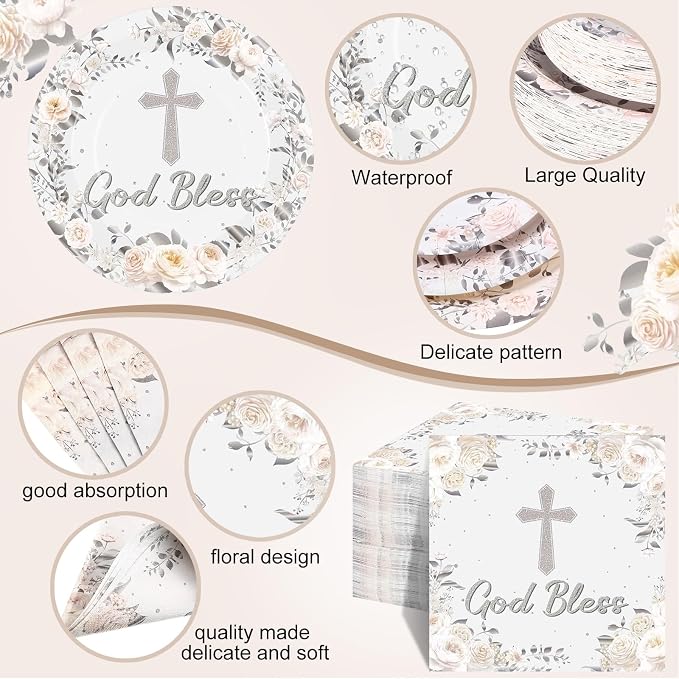 Pickmesh 250 Pcs Silver Baptism Cross Disposable Tableware Set Confirmation Baptism Disposable Paper Plates Napkins Cups for First Holy Communion Christening Baby Shower Religious Supplies, Serve 50