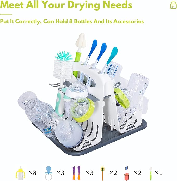 CAREBABYMORE High Capacity Drying Rack with 5pcs Brushes, Deluxe Countertop Drying Rack, Universal Drying Station, Baby Bottle Drying Rack with Bottle Brushes, White