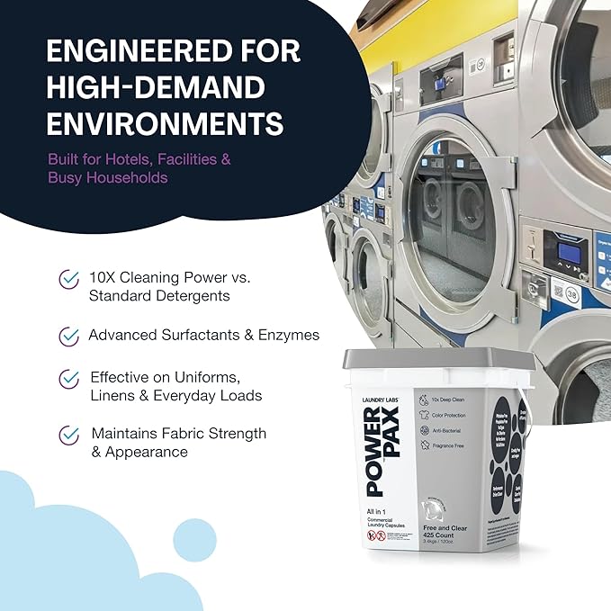 PowerPax Power Pellets Laundry Detergent Capsules, Free and Clear Unscented, 425 Count – Stain Remover, Odor Eliminator, Color Protection and Fabric Softener for Everyday Laundry Cleaning