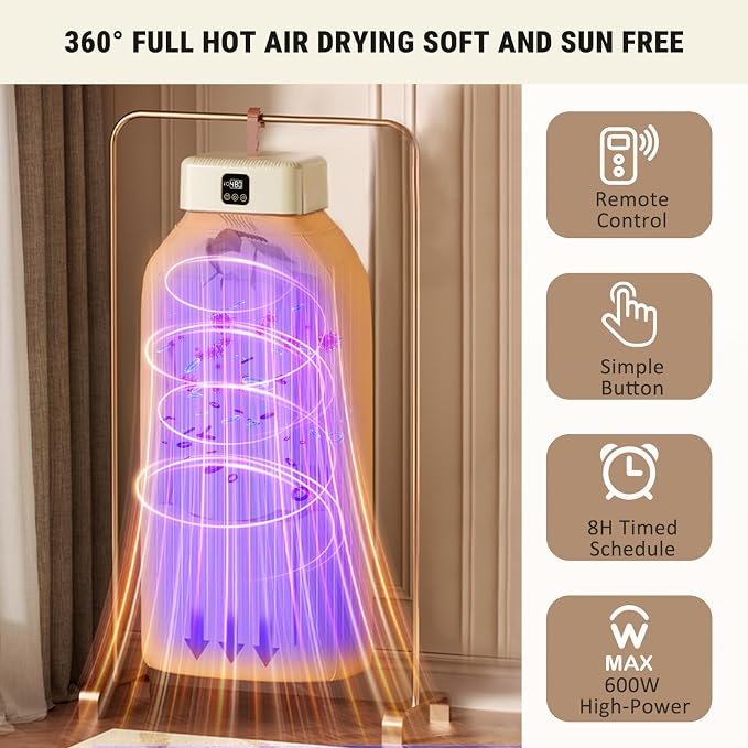 Portable Clothes Dryer, 8H Timer, w/Remote Control & Dry Bag, Mini Compact Foldable Fast Electric Dryer Machine for Laundry, Travel, Apartment, RV, Dorm, Quiet 45dB, Energy Save, 600W
