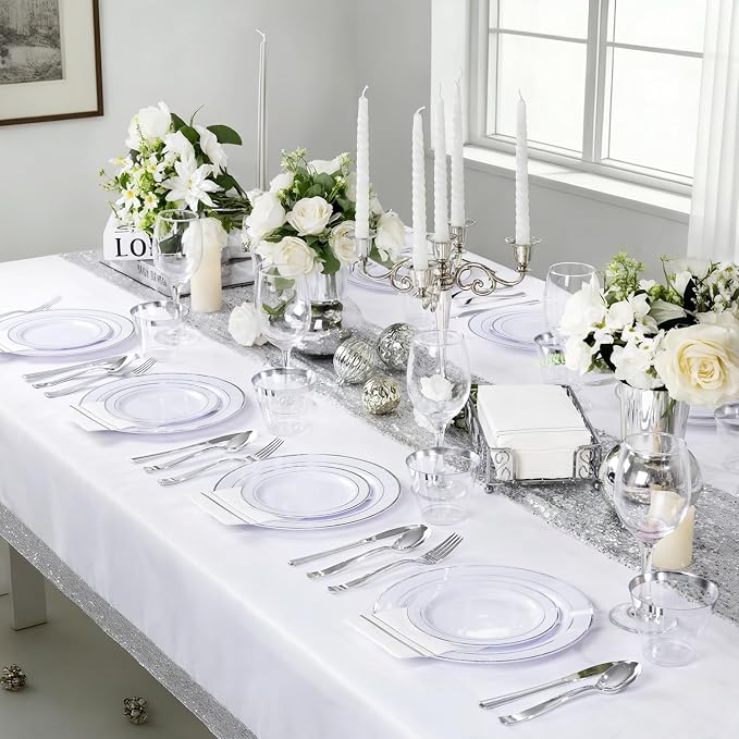 GATHER 350PCS Silver Plastic Plates - White and Silver Disposable Plates for 50 Guests Includes 100 Plate, 50 Napkins, 150 Silvery Cutlery and 50 Cups for Party & Wedding