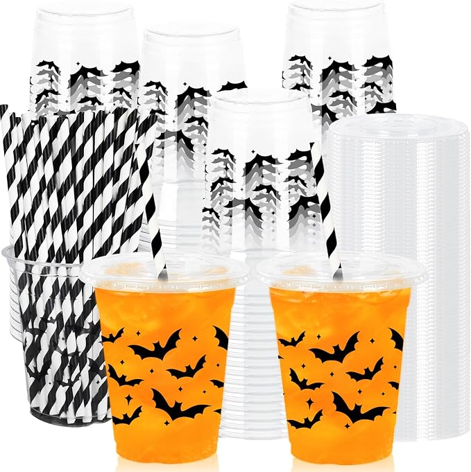 Whaline 50Pcs 12Oz Halloween Plastic Cups with Lids & Straws Black Bat Disposable Clear Drinking Cups for Home Party Supplies