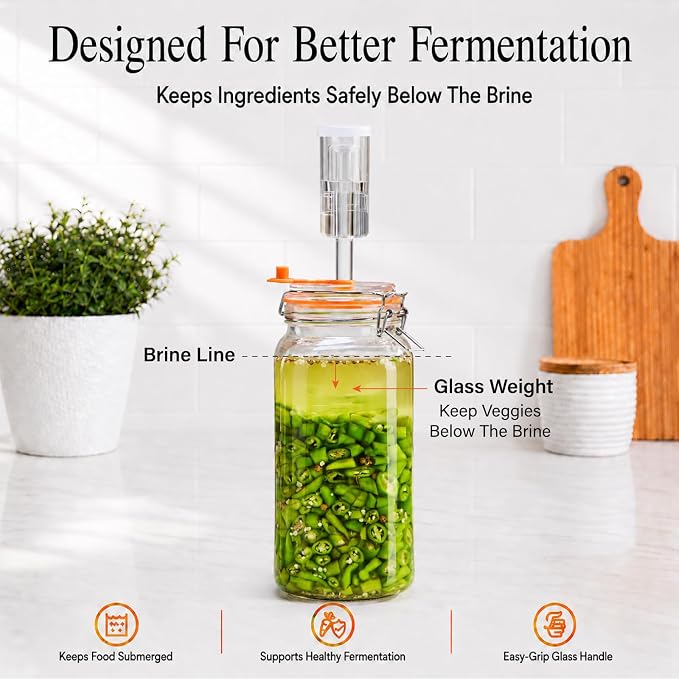 2L Wide Mouth Fermentation Jars, Pack of 2 Complete Fermenting Kit with Airlocks & Glass Weights for Sauerkraut, Kimchi & Pickles