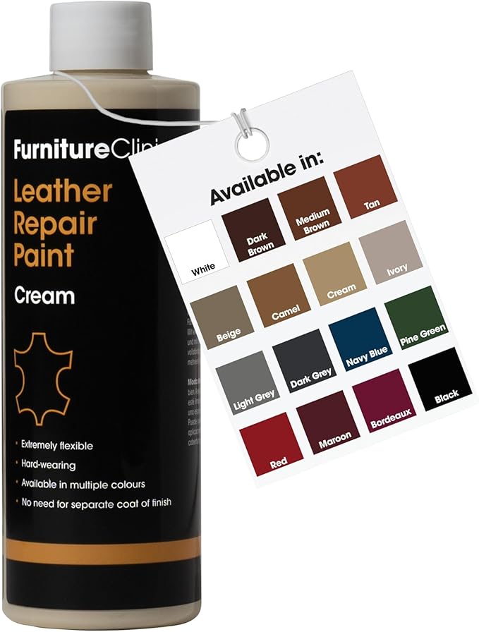 Furniture Clinic Leather Repair Paint | 2-in-1 Seal and Color | Use on Scratches, Tears, and Holes in Car Seats, Furniture | Quick and Easy Leather Repair Kit for Furniture (Cream, 500ml / 17oz)