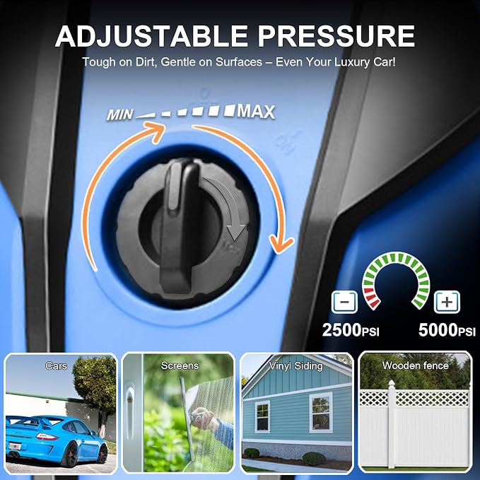 5000 PSI Adjustable Electric Pressure Washer, 2026 New Power Washer Pressure Adjustable (2500PSI-5000PSI) with 23ft Hose and 16.5ft GFCI Cord, 4 Nozzle and Detergent Tank for Cars, Upgraded Blue