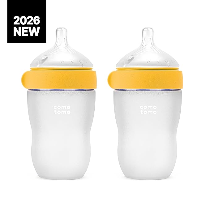 Silicone Baby Bottle Feeding Bundle – Comotomo Gen 2 8oz Anti Colic Baby Bottle Set (Yellow) + Fast Flow & Variable Flow Replacement Nipples – Breast Like Silicone Bottle System