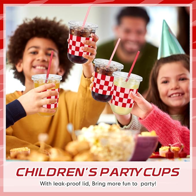 LemonRoad 50sets 16oz Red Checkered Cups Race Car Birthday Party Decorations Supplies Plastic Cups Disposable with Lids and Straws for Racing Party Christmas Birthday Wedding Baby Shower Decoration