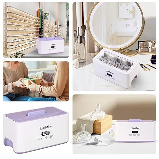 Adiding Jewelry Cleaning Machine, 1000mL (33.8oz) Sonic Retainer Ring Cleaner with 5 Time Mode and Degassing Function Ultrasonic for Glasses, Earrings, Necklaces, Denture, Coins, Pacifier (Purple)