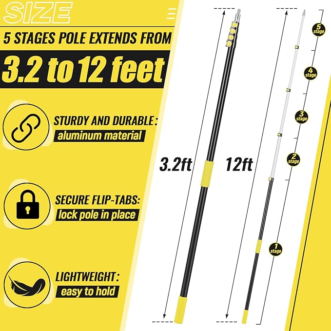 3.2-12 ft Telescopic Extension Pole with Utility Hook, Multi-Purpose Aluminum Pole for Painting, Dusting and New Year Window Cleaning Christmas Lights Installation Without a Ladder(Yellow)