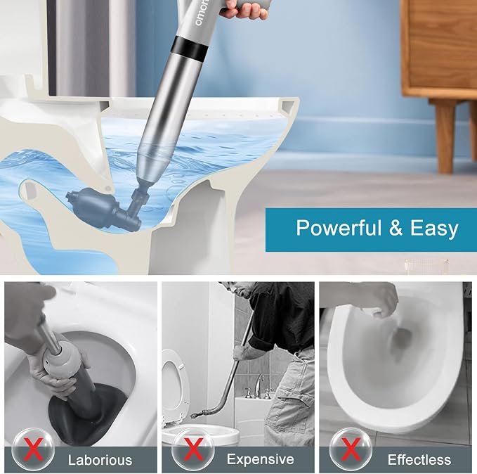 Toilet Plunger Drain Clog Remover: High Pressure Air Drainage Blaster Gun Clog Remover Tool- Stainless Steel Gray Air Plunger for Bathroom, Sink, Floor, Kitchen Clogged