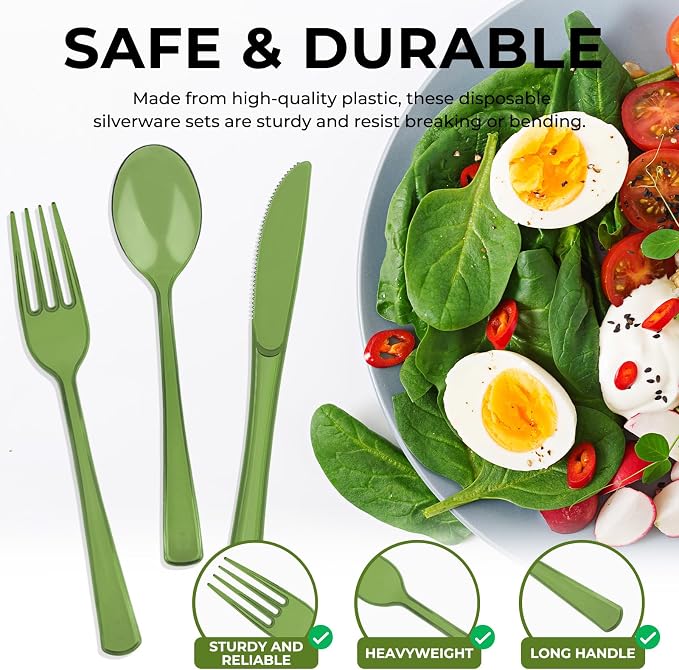 75 PCS Plastic Silverware Disposable Silverware Heavy Duty Utensil Sets 25 Of Each Forks Knives & Spoons Disposable Cutlery Set For Easter,Birthday,Baby Shower,Garden Party,Wedding(75,Olive Green)