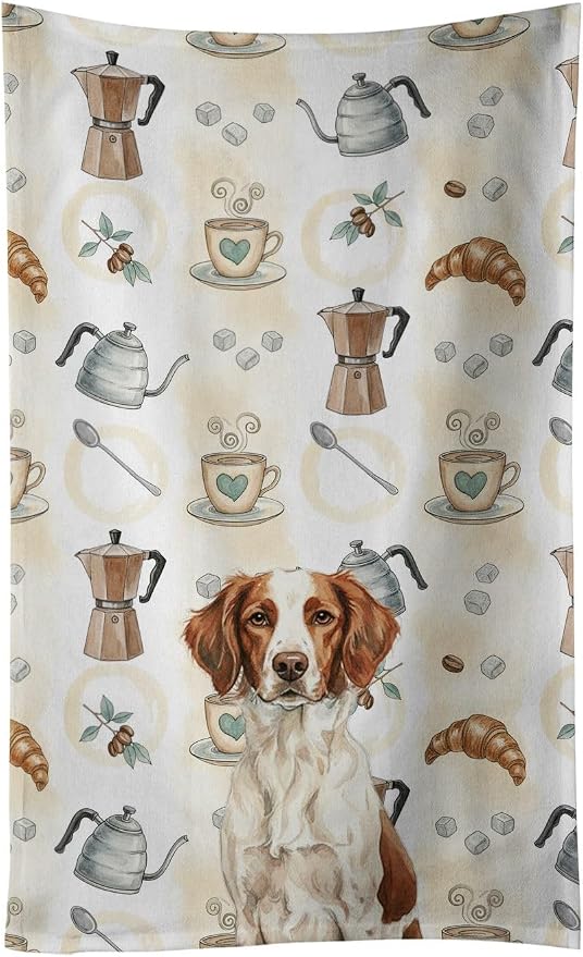 Caroline's Treasures Liver and White Brittany Coffee Bar Kitchen Towel Velour Plush Front and Cotton Loop Back Machine Washable