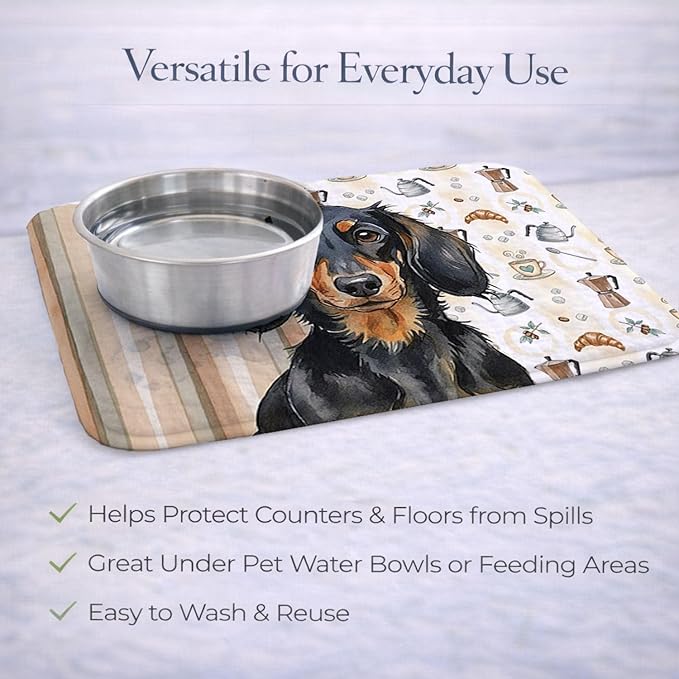 Caroline's Treasures Longhaired Black and Tan Dachshund Coffee Bar Dish Drying Mat Absorbent Dish Drying Mat Pad for Kitchen Counter Dish Drainer Mat for Countertop, 14 x 21", Multicolor