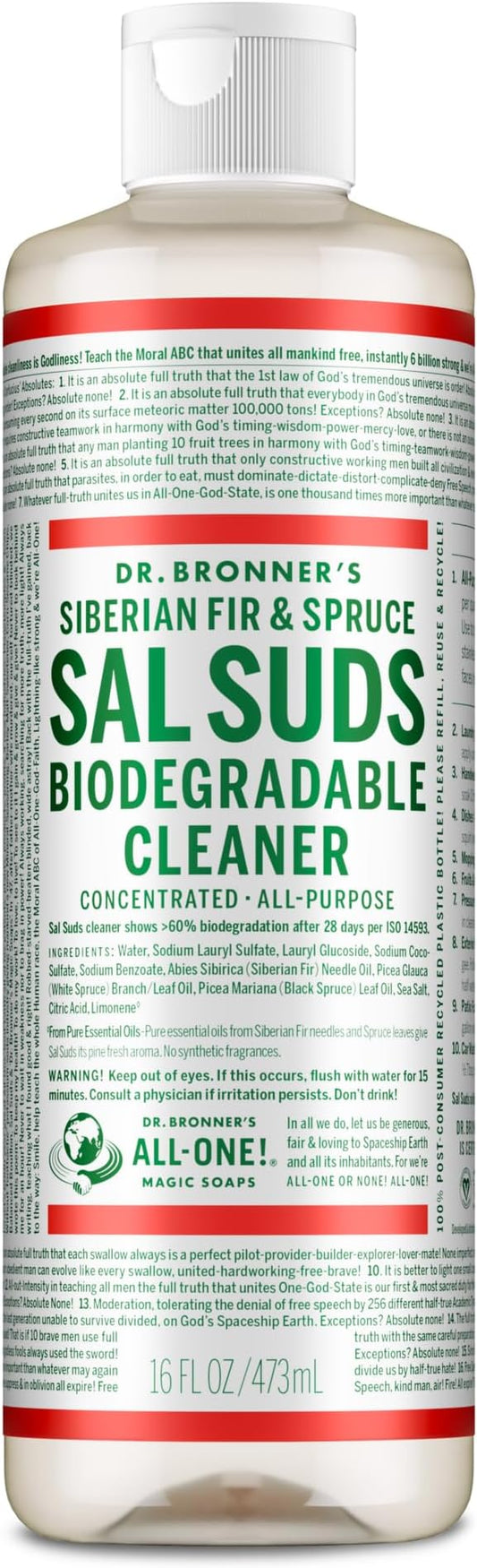 Dr. Bronner's Sal Suds Biodegradable Cleaner (16 oz) – All Purpose Pine Mop Detergent for Floors, Laundry & Dishes, Multi Surface Concentrate, Heavy-Duty Degreaser